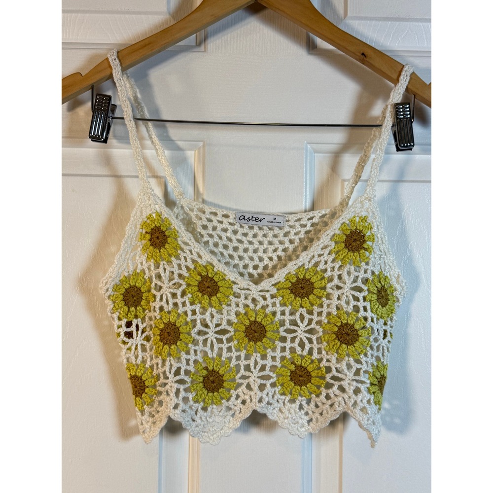 Aster Crochet Crop Top M Sunflower Boho Cottagecore Festival Floral Cami White
